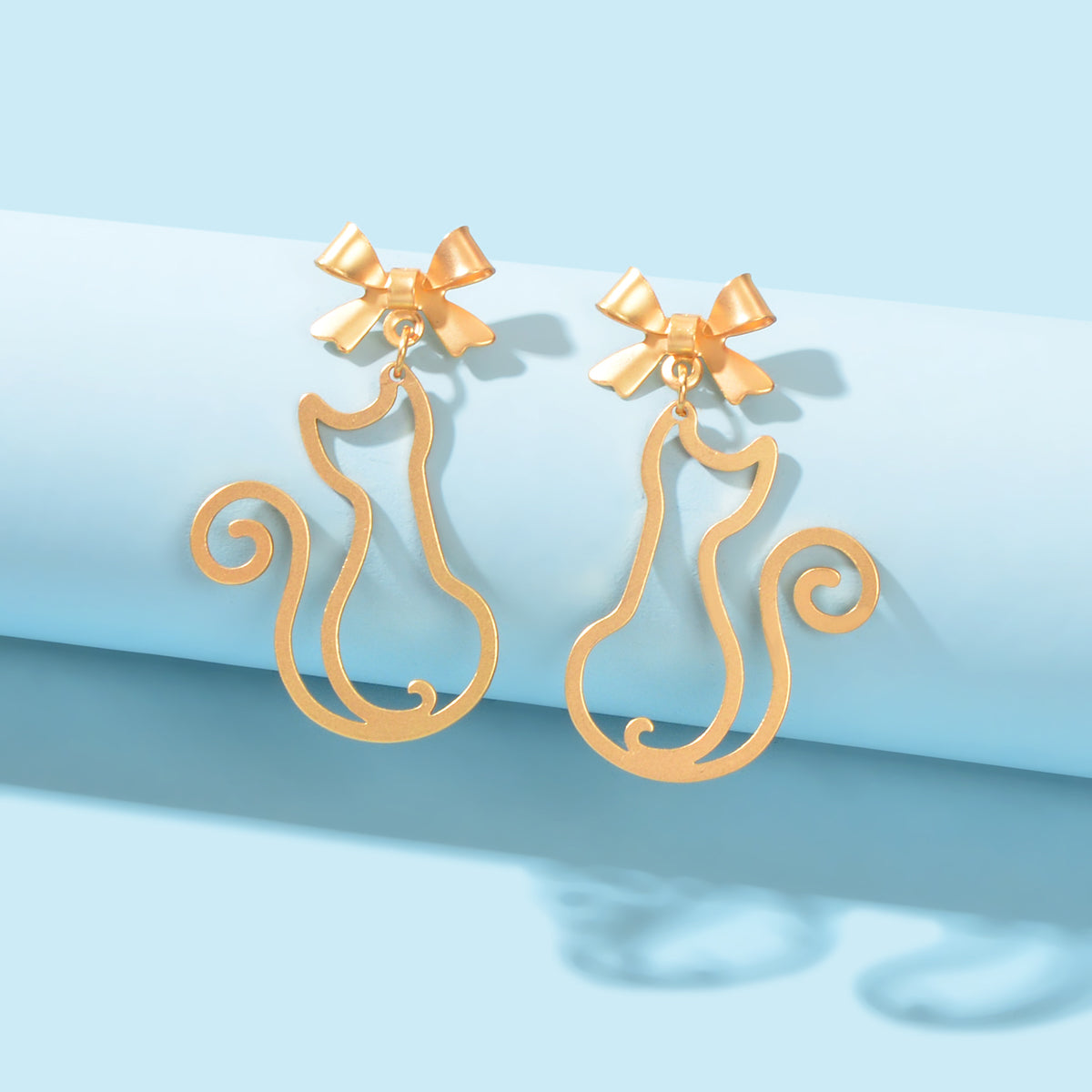 Kawaii Aesthetic Hollow Bow Tie Cat Dangle Earrings Animals Design Accessories-3