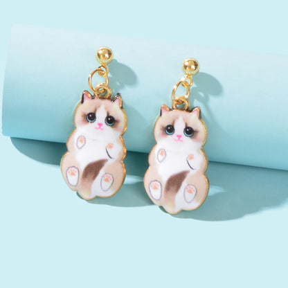 Lovely White Enamel Cat Charm Pierced Earrings Dainty Animal Jewellery for Women-0