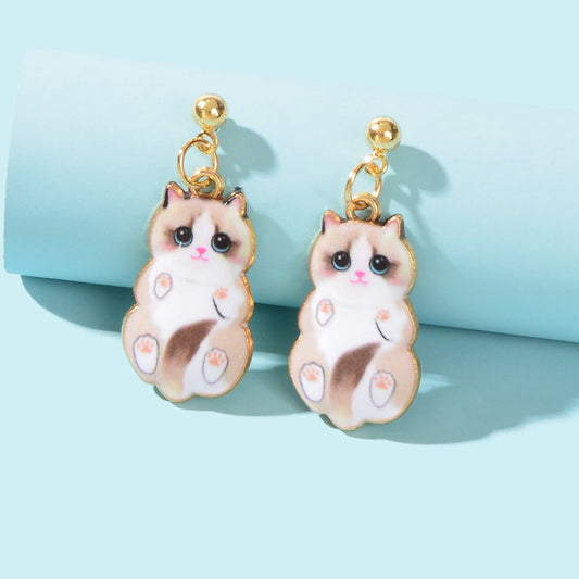 Lovely White Enamel Cat Charm Pierced Earrings Dainty Animal Jewellery for Women-0