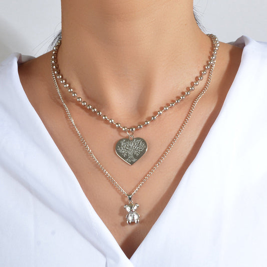 Statement Jewellery Popcorn Double layer Silver Chain Heart Bear Charm Necklace-0
