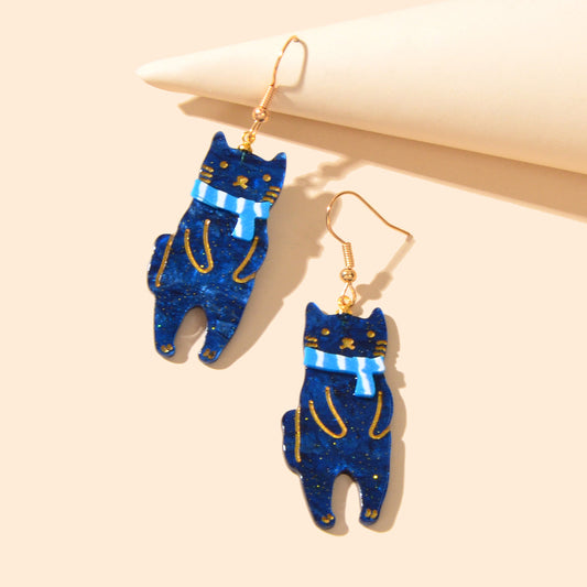 Funny Acrylic Blue Scarf Cat Dangle Drop Creative Unique Cartoon Pet Earrings-0