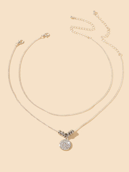 Trendy Jewellery 2 pcs Gold Silver Chain Rhinestone Decor Round Pendant Necklace-4