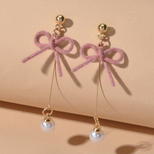 Charming Long Gold Chain Pearl Bowknot Dangle Lightweight Gift Holiday Earrings-0