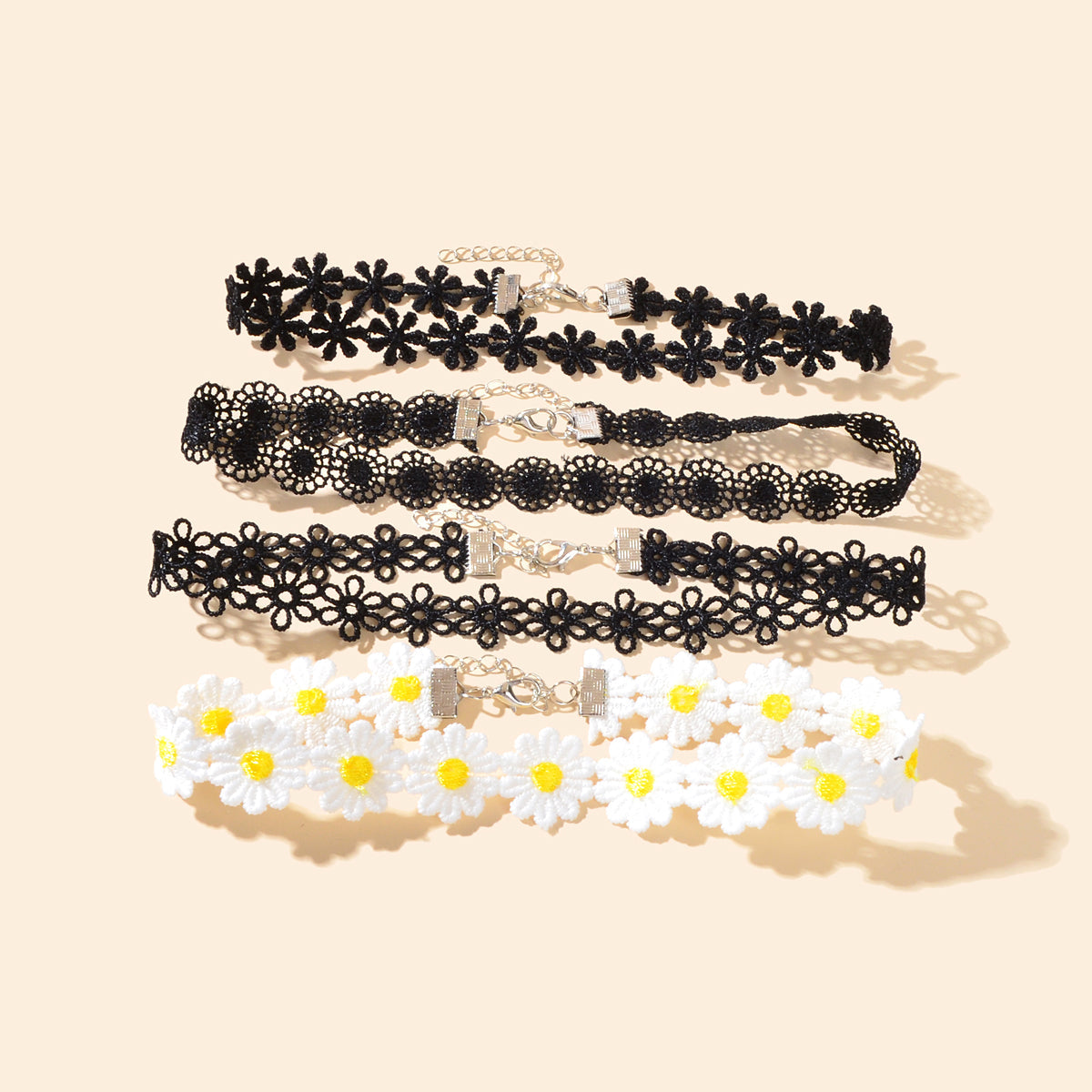 4 pcs Black White Hollow Lace Flower Tattoo Chokers Necklaces set Retro Collars-0