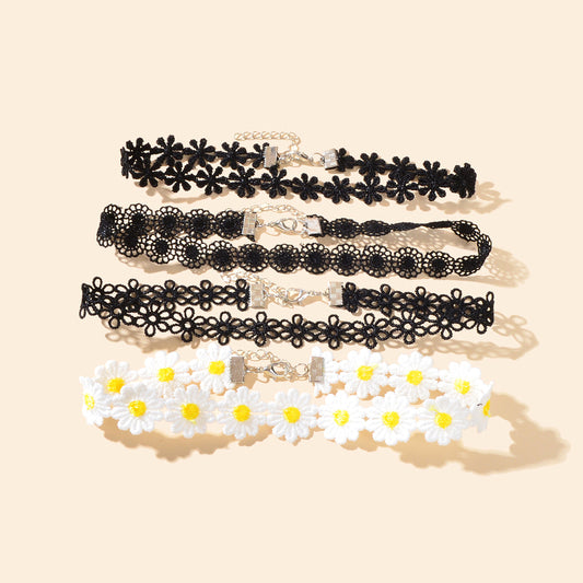 4 pcs Black White Hollow Lace Flower Tattoo Chokers Necklaces set Retro Collars-0