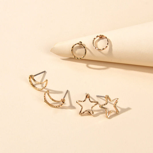 3 pairs Minimalist Jewelry Circle Star Moon Trendy Stud Small Earrings for Women-0