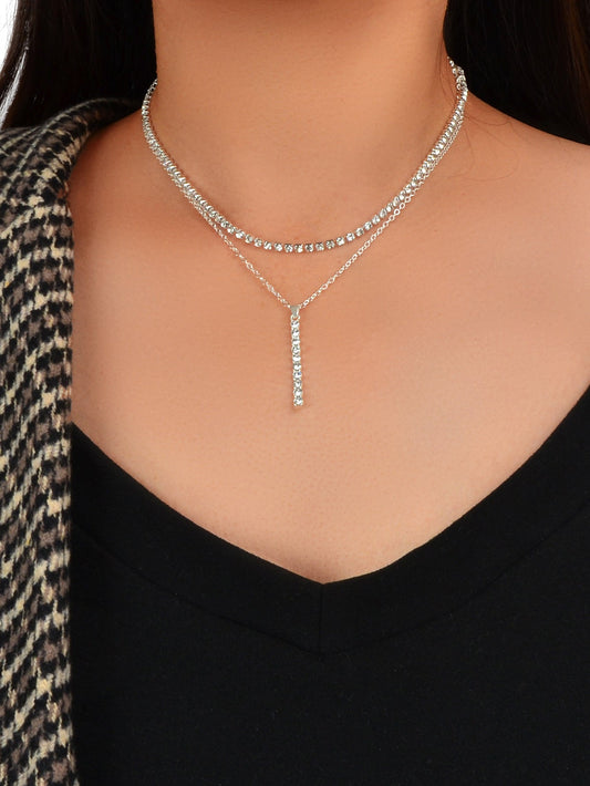 Trendy Shining Full Rhinestone Gold Silver Double layer Chain Bar Charm Necklace-0