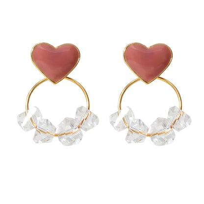 Trendy Ladies Jewellery Transparent Beads Gold Circle Red Heart Stud Earrings-3