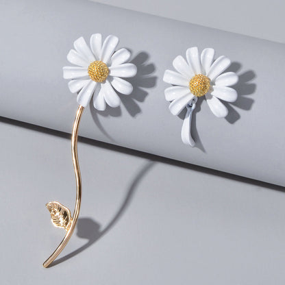 Asymmetrical White Enamel Flower Stick Stud Dangle Earrings Ear Jacket Jewellery-0
