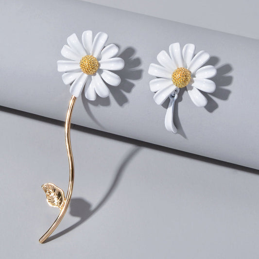 Asymmetrical White Enamel Flower Stick Stud Dangle Earrings Ear Jacket Jewellery-0
