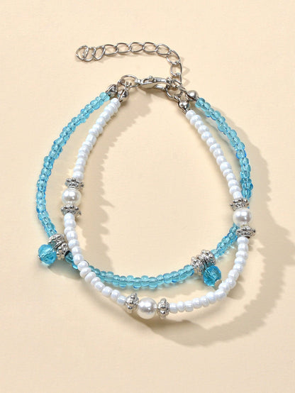Fashion Jewellery Handmade Double layer Blue White Seed Beads Strand Bracelet-0