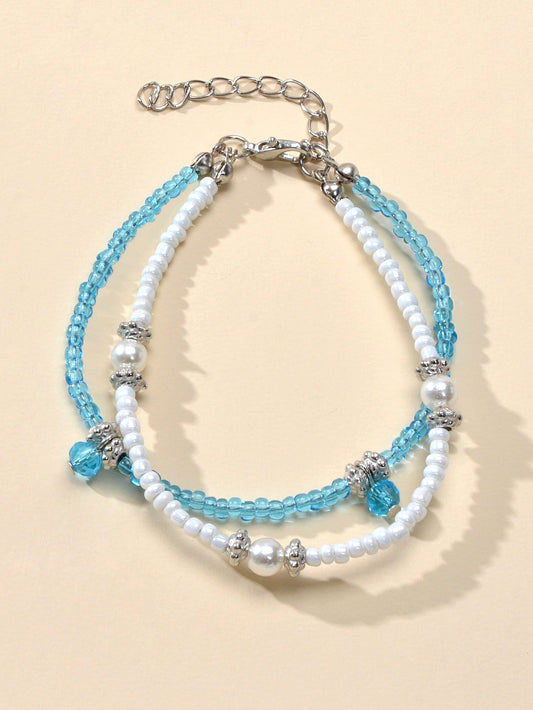 Fashion Jewellery Handmade Double layer Blue White Seed Beads Strand Bracelet-0