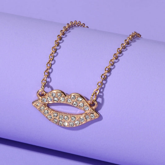Engagement Jewellery Gift Rhinestone Decor Gold Chain Lip Charm Collar Necklace-0