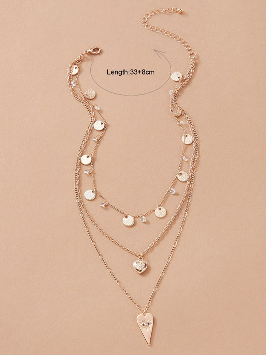 Stylish Triple-Layered Round Disc Heart Pendant Necklace Girls Unique Jewellery-1