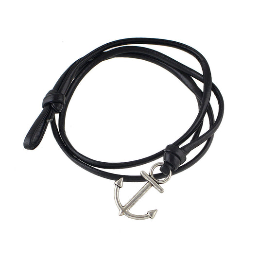 Nautical Jewelry Black Blue Pu Leather Anchor Wrap Bracelet Women Men Wristbands-0