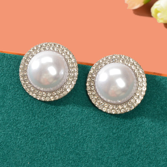 Luxurious Rhinestone Big Pearl Decor Round Stud Earrings Wedding Bridal Jewelry-0