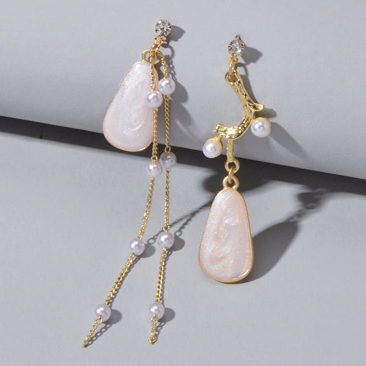 Retro Design Asymmetric Long Gold Chain Pearl Enamel Geometric Dangle Earrings-0