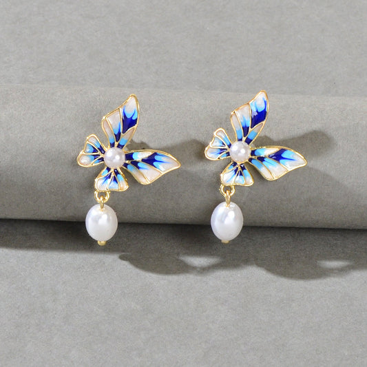 Trendy Dangle Pearl Blue White Enamel Butterfly Hypoallergenic Pierced Earrings-0