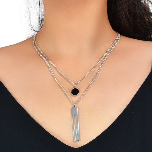 2pcs Silver Chain Punk Black Round Charm Stainless Steel Square Pendant Necklace-0