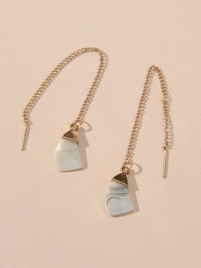 Ethnic American Jewellery Long Chain Black White Stone Boho Chic Dangle Earrings-4