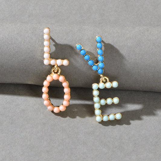 Asymmetrical Candy Color Beaded LOVE Letter Stud Dangling Elements Earrings Gift-0