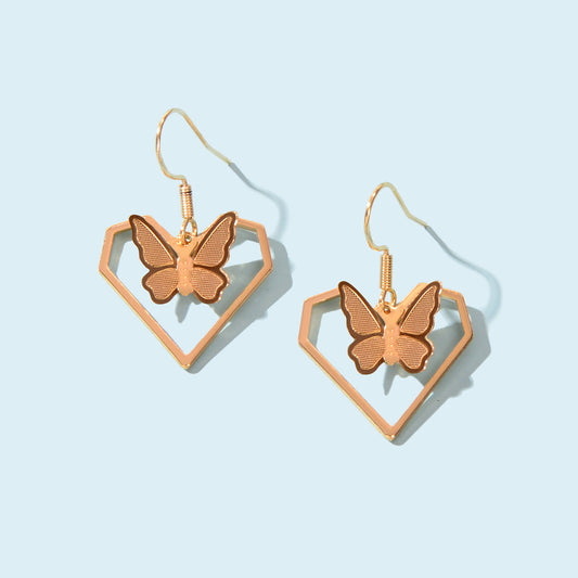 Delicate Female Jewelry Gold Heart Stereoscopic Butterfly Charm Dangle Earrings-0
