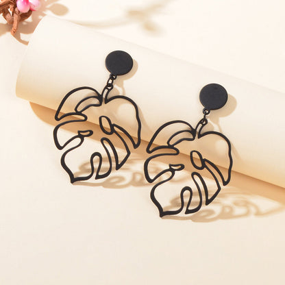 Pierced Abstract Geometric Black Leaf Hollow Statement Earrings Plant Stud Gift-0