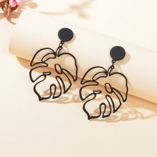 Pierced Abstract Geometric Black Leaf Hollow Statement Earrings Plant Stud Gift-0