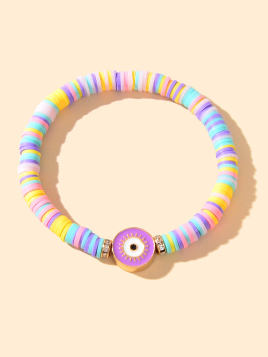 Heishi Surfer Handmade Evil Eye Rainbow Vinyl Disc Beaded Stretchy Bracelet Gift-0