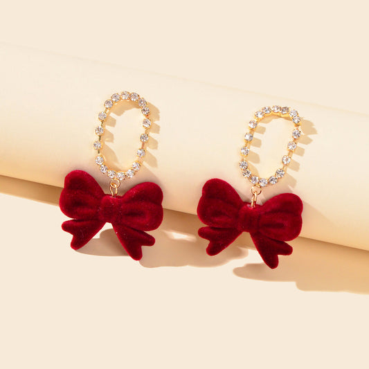 Sparkly Ribbon Bow Dangle Rhinestone Winered Vintage Square Bow Tie Earrings-0