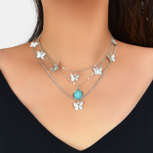 Ethnic Silver Multi-layer Chain Butterfly Turquoise Collar Bohemian Necklace-0