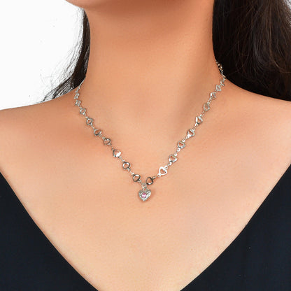 Birthday Anniversary Jewelry Titanium Steel Pink Rhinestone Heart Charm Necklace-0