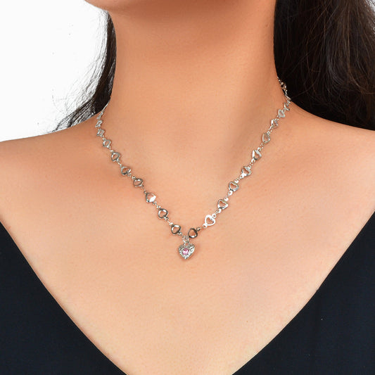 Birthday Anniversary Jewelry Titanium Steel Pink Rhinestone Heart Charm Necklace-0