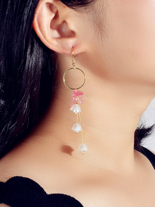 Charming Pearl Green Hotpink Resin Leaf Charm Gold Circle Dangle Women Earrings-1