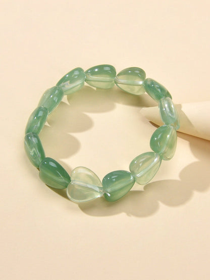 Boho Retro Jewellery Green Grey Resin Heart Beads Elastic Strand Bracelet Bangle-4