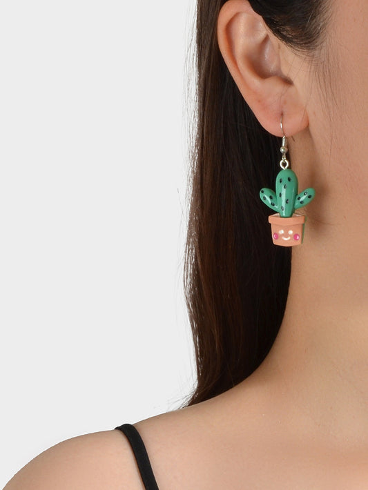 3D Cartoon Multi-colored Cactus Flowerpot Plant Drop Earrings Women Funny Gifts-0