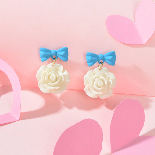 Elegant Jewellery Blue Bow Tie White Resin Flower Dangle Pierced Party Earrings-0