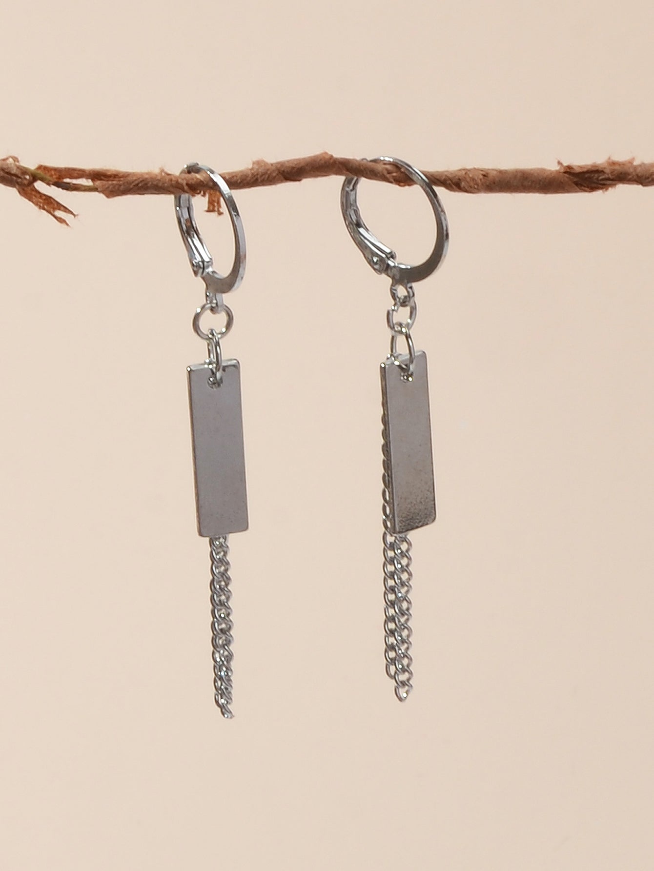 Hip Hop Silver Huggie Tassel Metal Plates Dangle Hoop Earrings Round Earstud-3