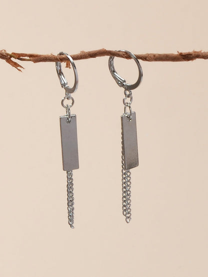 Hip Hop Silver Huggie Tassel Metal Plates Dangle Hoop Earrings Round Earstud-3