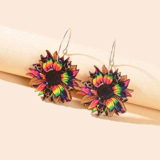 Colourful Sunflower Earrings Bohemian Summer Trendy Wooden Daisy Flower Jewelry-0