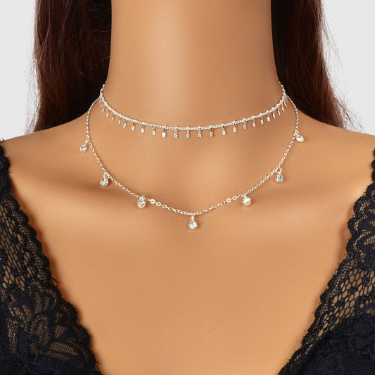 2 pcs Rhinestone Charm Layering Chain Necklace Personalized Women Choker-0