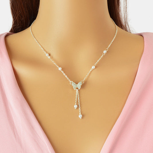 Sparkling Butterfly Pendant Y-Drop Necklace Tassel Clavicle Collar Women Jewelry-0