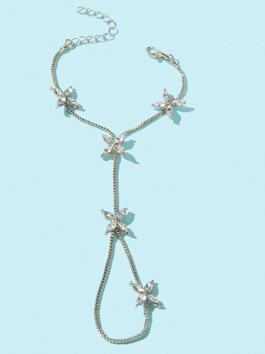Diamond-Encrusted Chain Ring Connected Hand  Wrist Bracelet-1