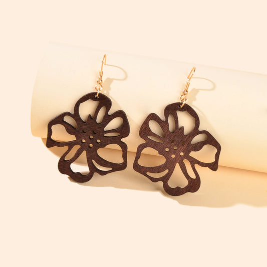 Ethnic Brown African Natural Wooden Hollow Flower Dangle Bohemian Charm Earrings-0