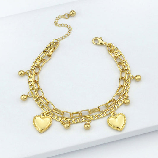 Ladies Jewellery Double layer Gold Silver Paperclip Chain Beads Heart Bracelet-0