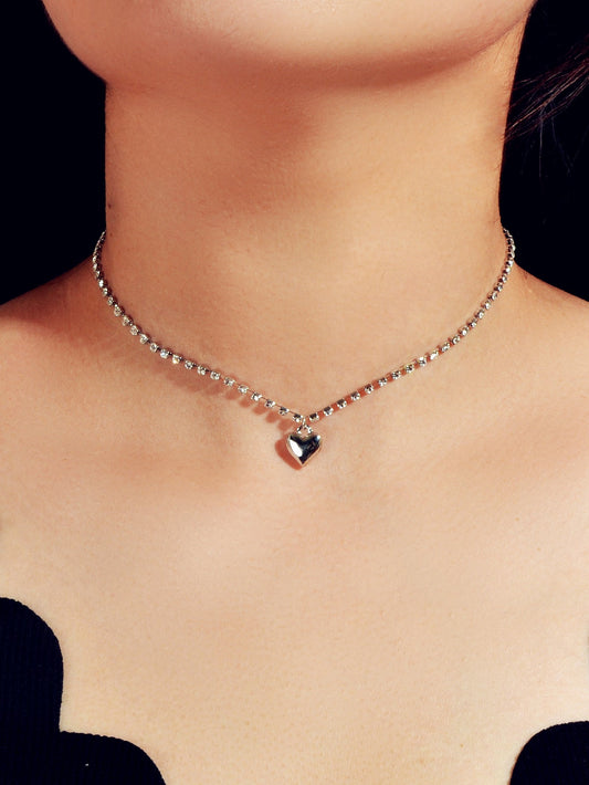 Luxurious Jewellery Full Rhinestone Decor Shining Silver Chain Heart Necklace-0