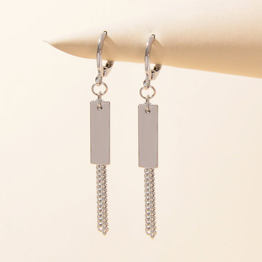 Hip Hop Silver Huggie Tassel Metal Plates Dangle Hoop Earrings Round Earstud-0
