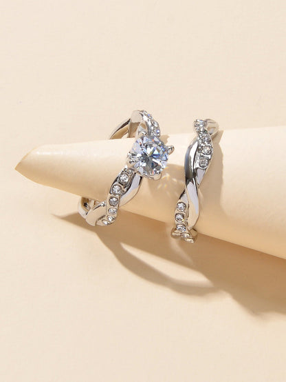 2pcs Luxury Women Band Simulated Diamond Silver Finger Wedding Engagement Ring-0