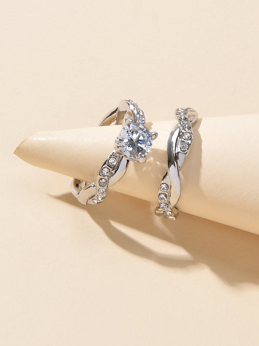 2pcs Luxury Women Band Simulated Diamond Silver Finger Wedding Engagement Ring-0