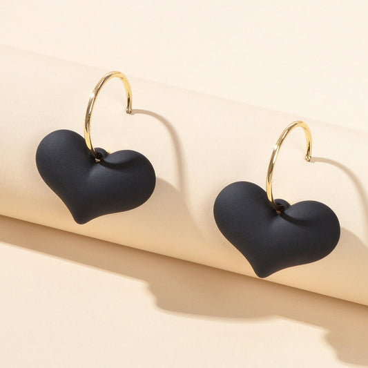 Perfect Red Black Heart Charm Dangle Hoop Pierced Hypoallergenic Women Earrings-0